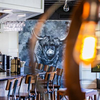 Interior, bar area, highland cow mural art.