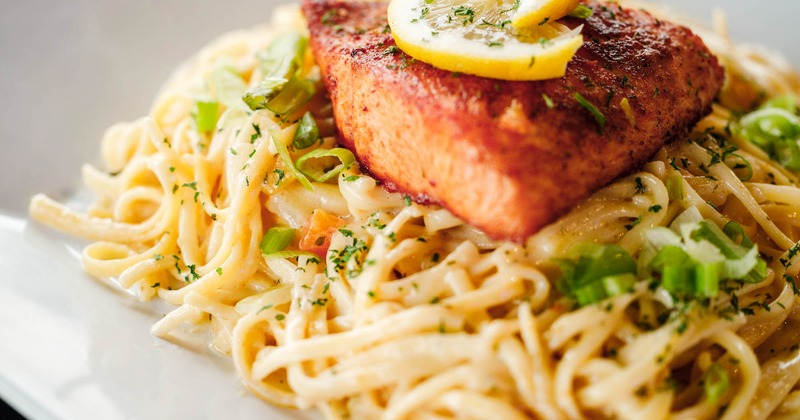 Extreme close up of Salmon pasta