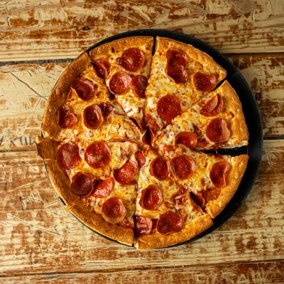 Pepperoni pizza, top view.