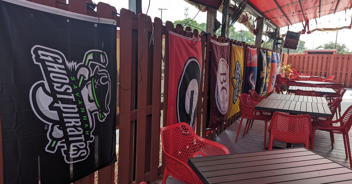 Patio seating area, various hanging banners