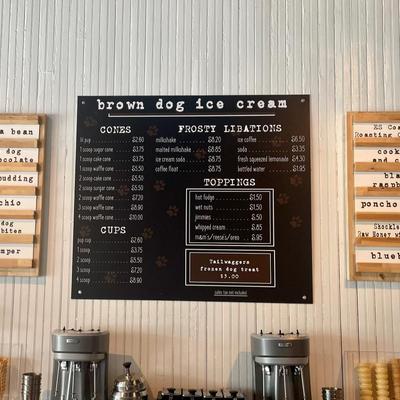 Wall menu at Brown Dog Ice Cream.