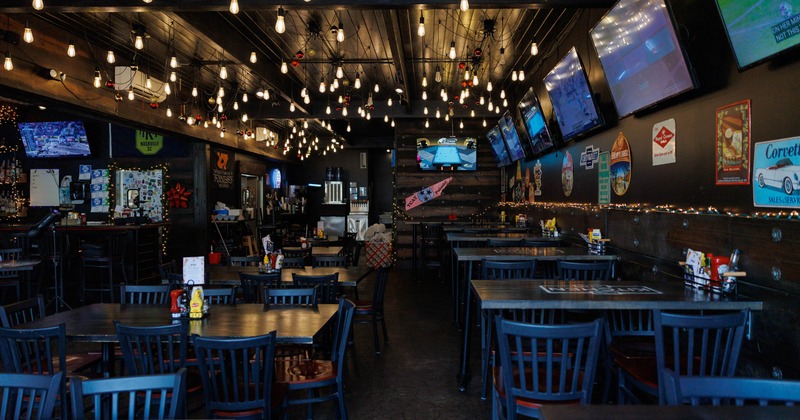 Interior seating area with chairs and tables