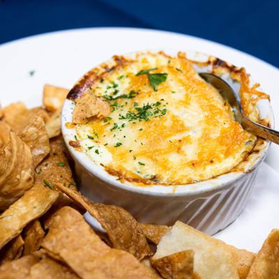 Spinach Artichoke Dip with Homemade Chips.