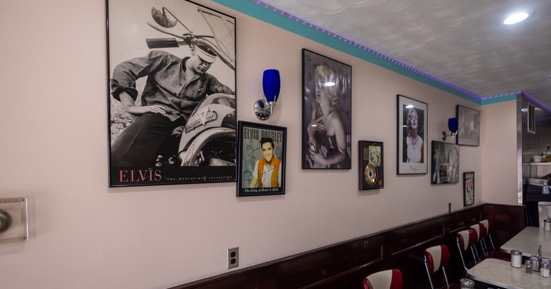 Interior, dining area walls with pop culture memorabilia