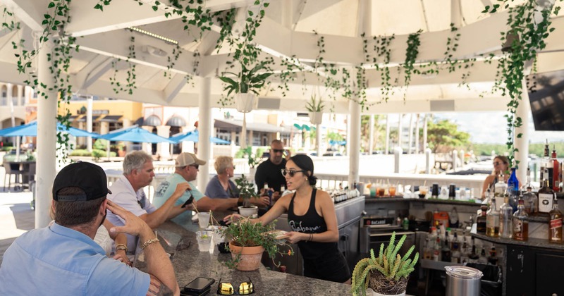 Guests and staff at the bar