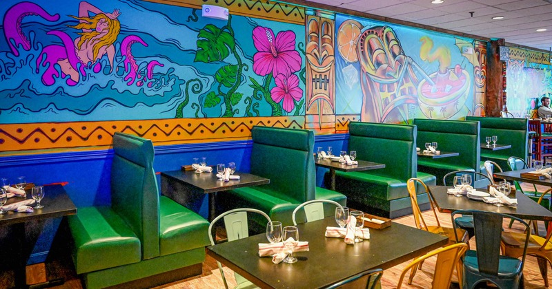 Interior, dining area, colorful wall art