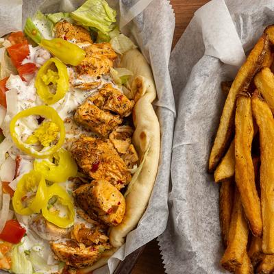 Chicken gyro and French fries.