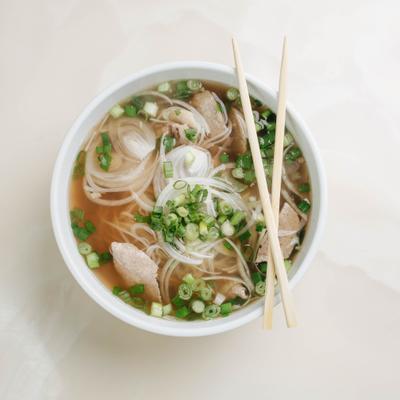 Chicken Pho Soup, with onions and scallions.