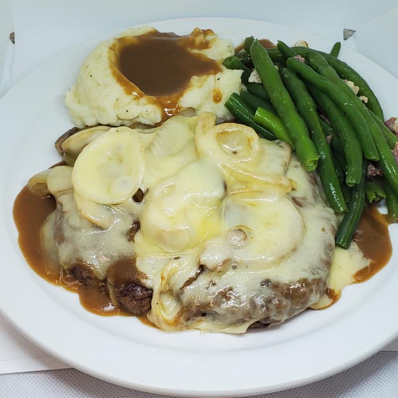 Hamburger Steak Topped with Grilled Onions, Grilled Mushrooms,  Smoked Gouda Cheese, & Raclette Cheese photo