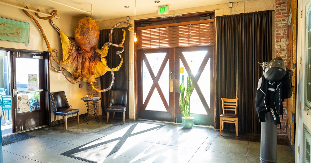 Interior with a door, big octopus installation in a corner, and chairs