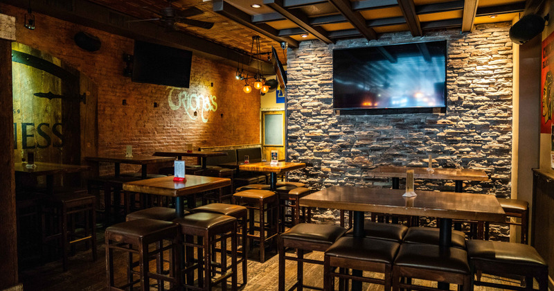 Large dining area with high tables for seating between four and six people