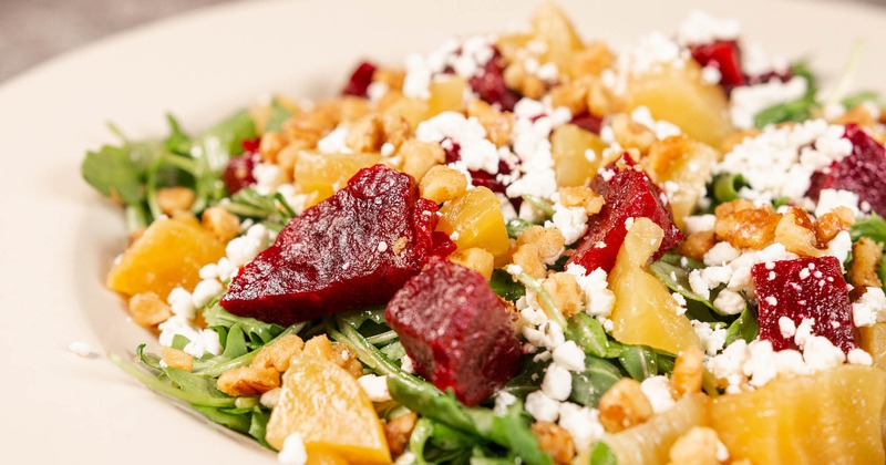 Goat cheese salad with roasted beets, walnuts and arugula
