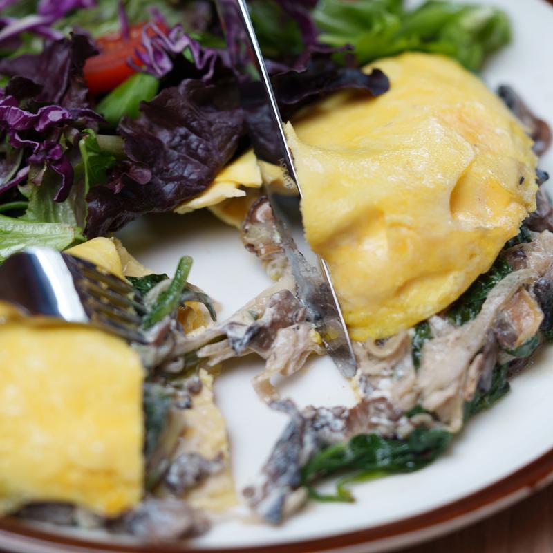 menu item 98 of 116, House-Made Omelet - Mushroom, Onion & Spinach with Cream Cheese