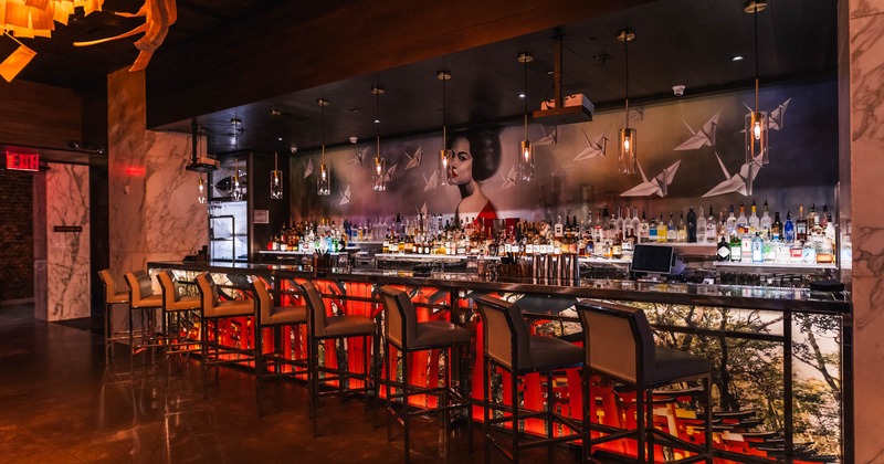 Inside, bar area with red lights