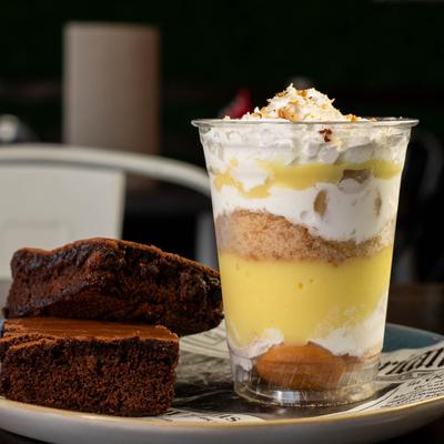 Rum Raisin Brownies and a cup of Banana Pudding.