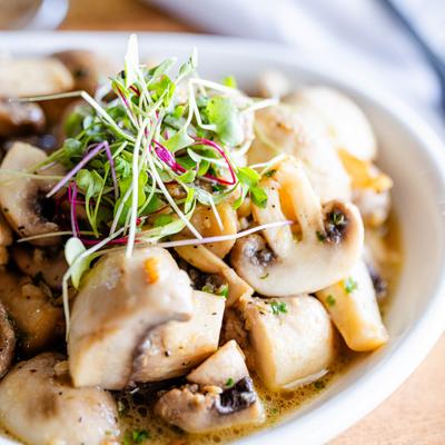 Served roasted mushrooms, close shot.