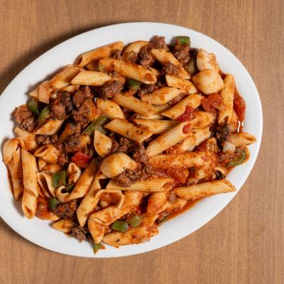 Ground beef pasta with tomato sauce, onions, and peppers.