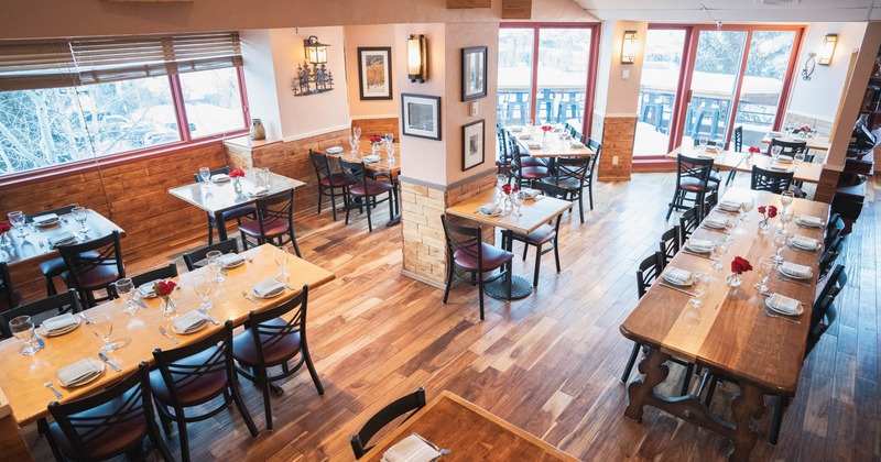 Interior, seating area with tables and chairs