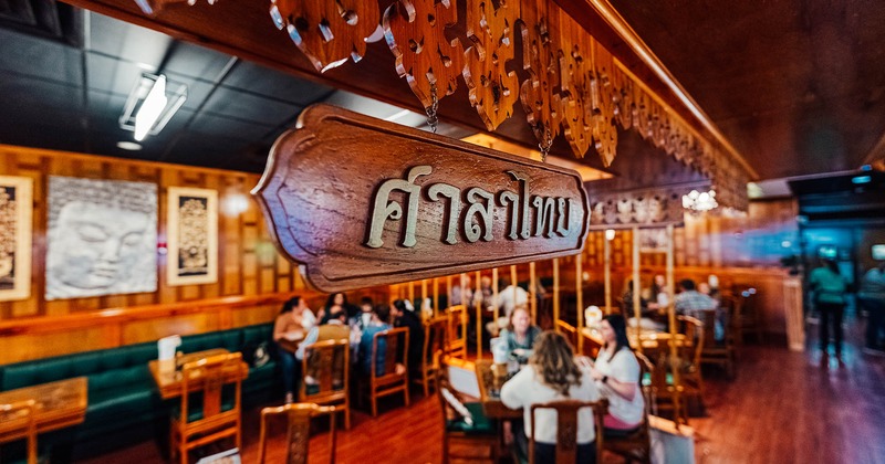 Interior, dining area, hanging sign