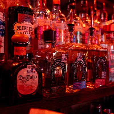 Assorted liquor bottles.