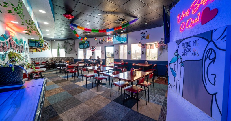 Interior of a casual restaurant with colorful decor