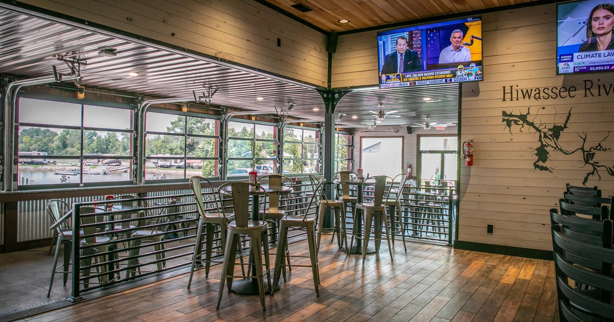 Seating area, bar tables and stools