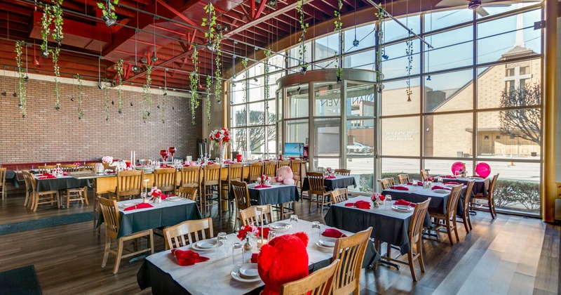 Interior, seating area with tables and chairs