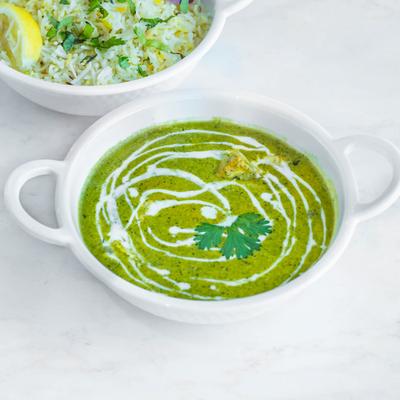 Saag Paneer, with cottage cheese, and creamed spinach.