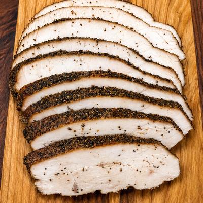 Smoked turkey meat with salt and black pepper rub.