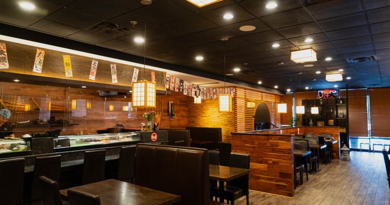 Interior, tables and chairs in dining area