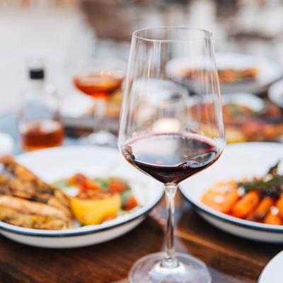 Red wine and various food.