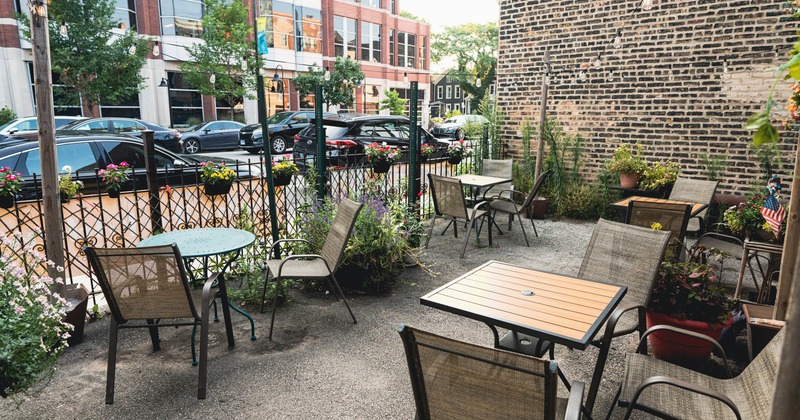 Exterior, patio seating area, tables and chairs