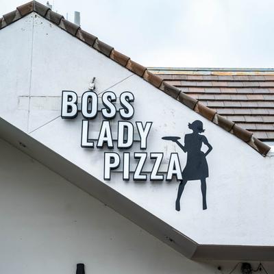 Exterior with signage.