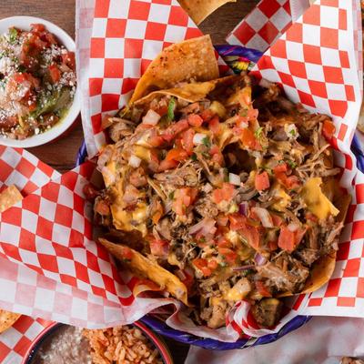 Nachos, beans and rice, salsa.
