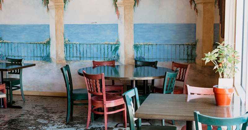Interior, tables and seats, mural art