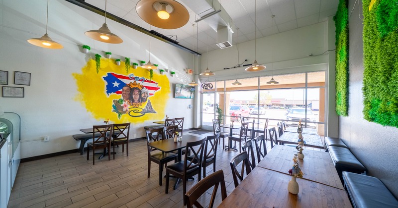 Interior of a restaurant with wooden furniture