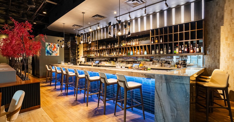 Modern interior - a marble counter, high seating and backlit shelves stocked with liquor bottles