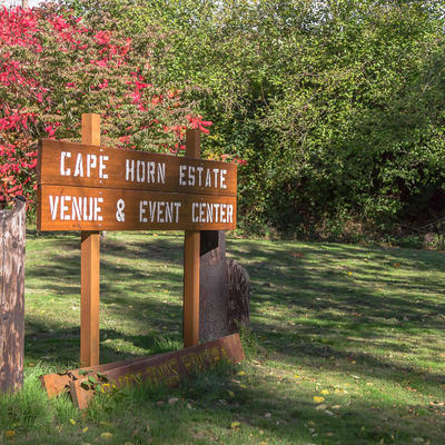 Cape Horn sign,garden in the back