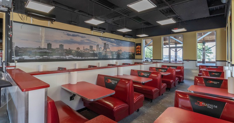 Interior, red booth seating area