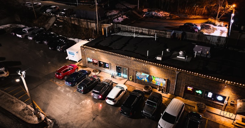 Exterior, aerial view of the restaurant and parking lot