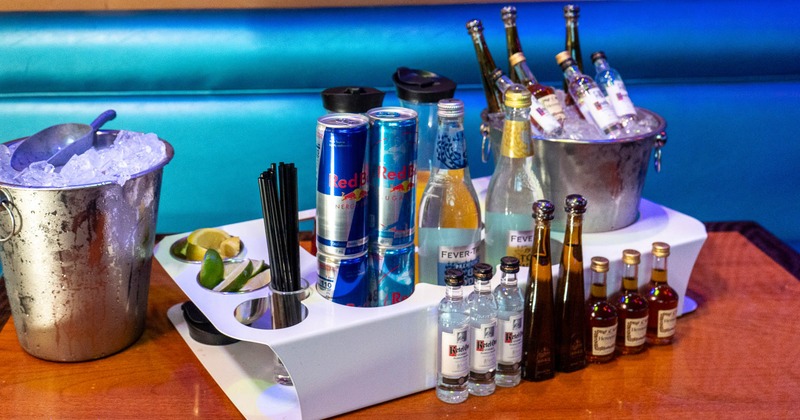 A tropical-themed bar, colorful lighting, and toucan sculptures.