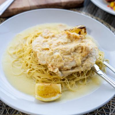 Chicken Francese, served, top view.