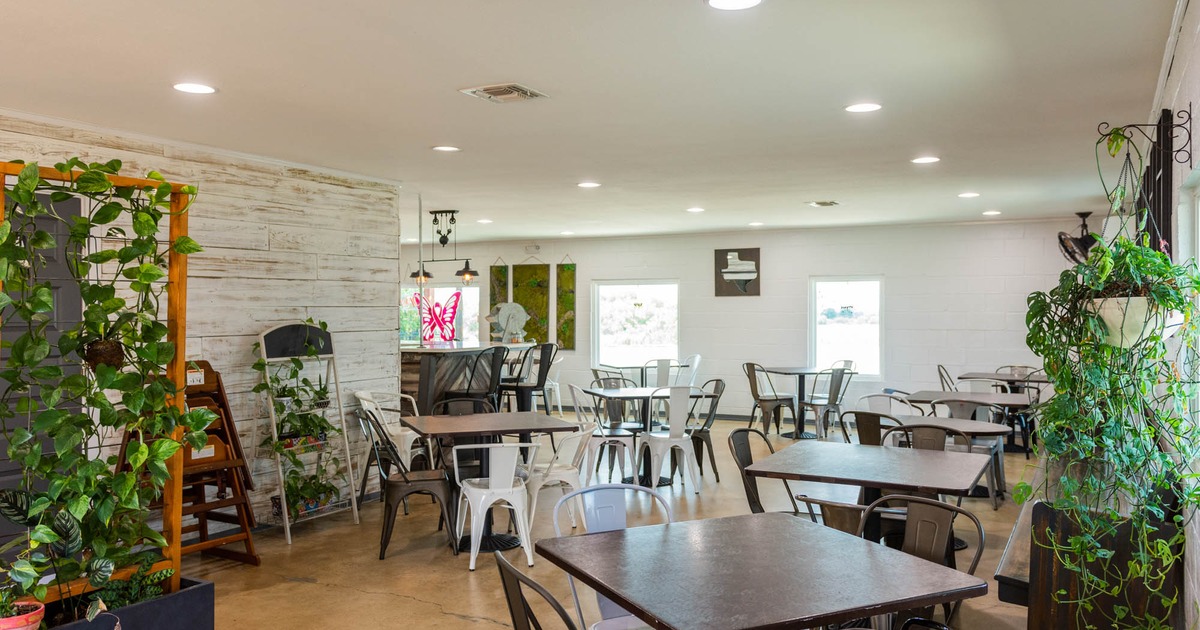 Interior, seating area, decorated with plants