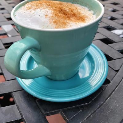 Cappuccino dusted with ground cinnamon.