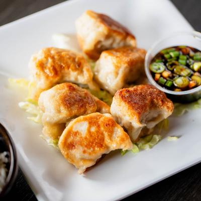 Potstickers, served with dip.