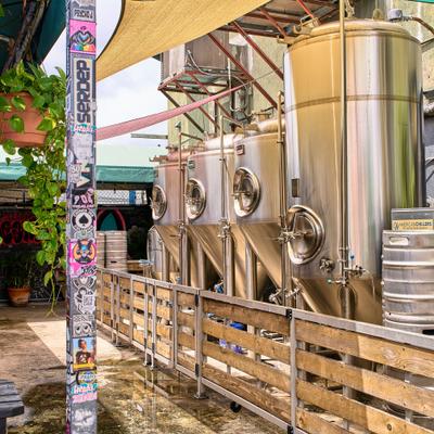 Several stainless steel brewing tanks positioned outdoors, separated by a wooden fence.
