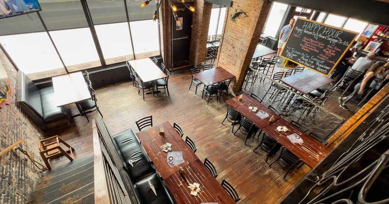 Interior, view from balcony on seating area near window