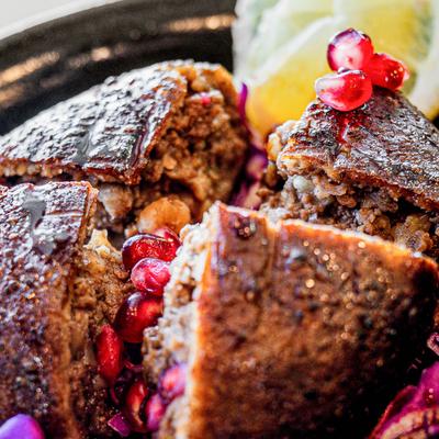 Grilled kebbeh, close up.