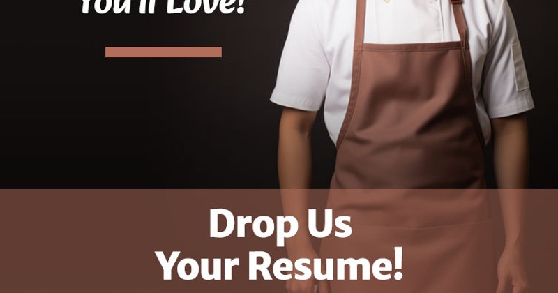 Photo of a man wearing a white shirt and a brown apron. The post says Hungry for a Job? Drop us your resume.