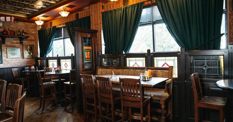 Interior dining area, tall tables and bar stools